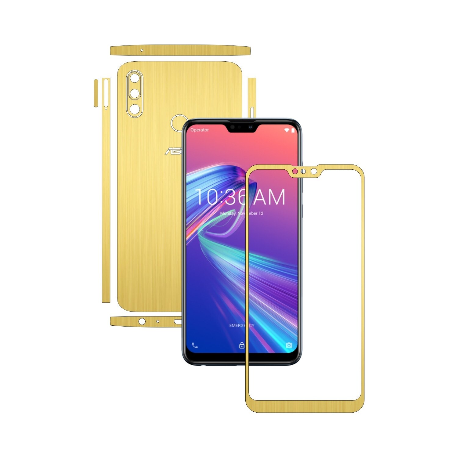 Folie Protectie Carbon Skinz pentru Asus Zenfone Max Pro (M2) - Brushed Auriu Split Cut, Skin Adeziv Full Body Cover pentru Rama Ecran, Carcasa Spate si Laterale