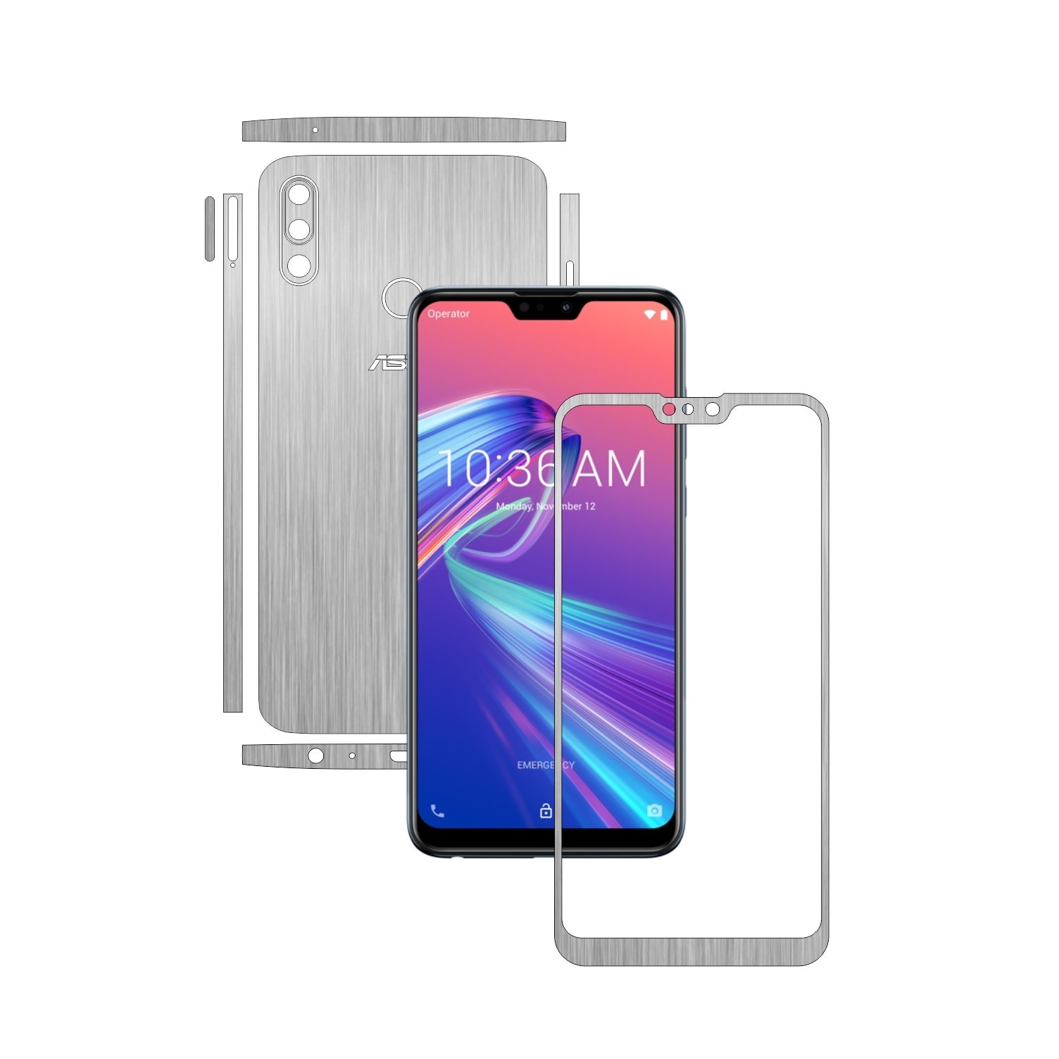 Folie Protectie Carbon Skinz pentru Asus Zenfone Max Pro (M2) - Brushed Argintiu Split Cut, Skin Adeziv Full Body Cover pentru Rama Ecran, Carcasa Spate si Laterale