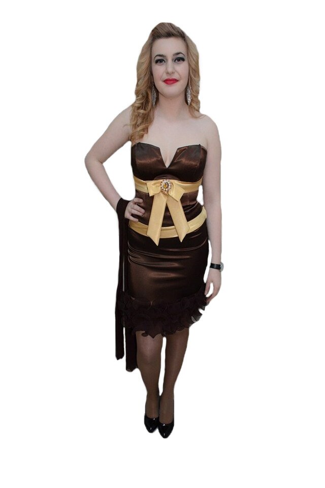 Rochie tinereasca cu decolteu in V si bretele, D&J Exclusive, Maro