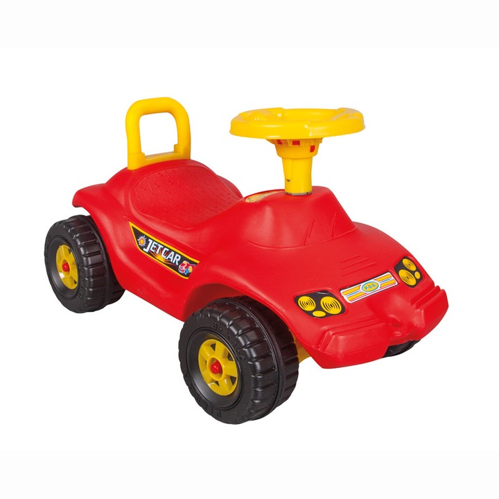 Masinuta copii fara pedale Pilsan Jet Car Red, volan cu sunete, dimensiune 65x38x39 cm, potrivita pentru copii de la 2 ani pana la 25 kg