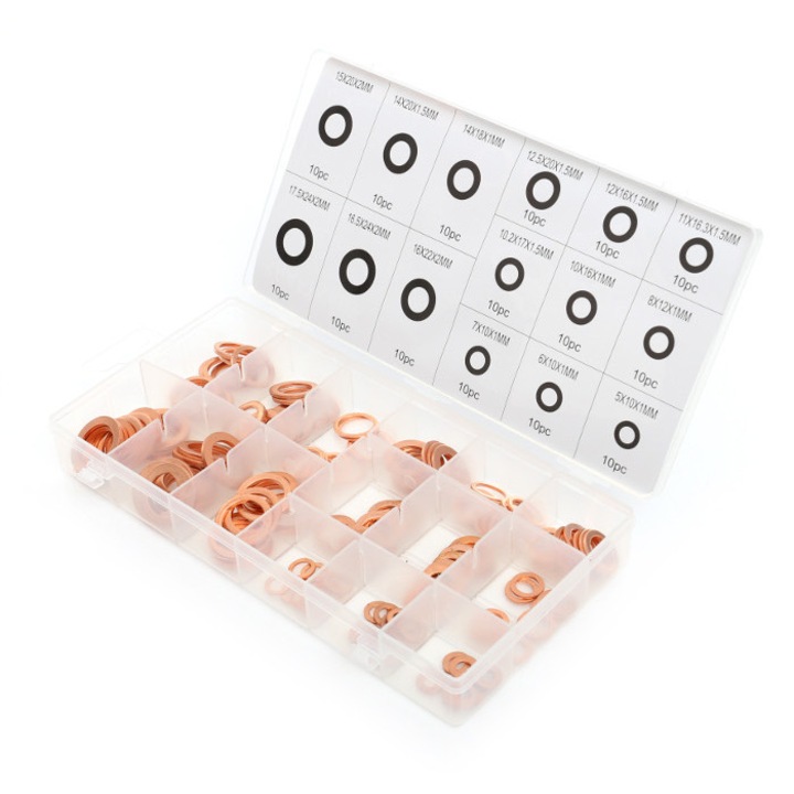 KraftDele KD10503 különböző méretű réz alátétkészlet, 150 elem