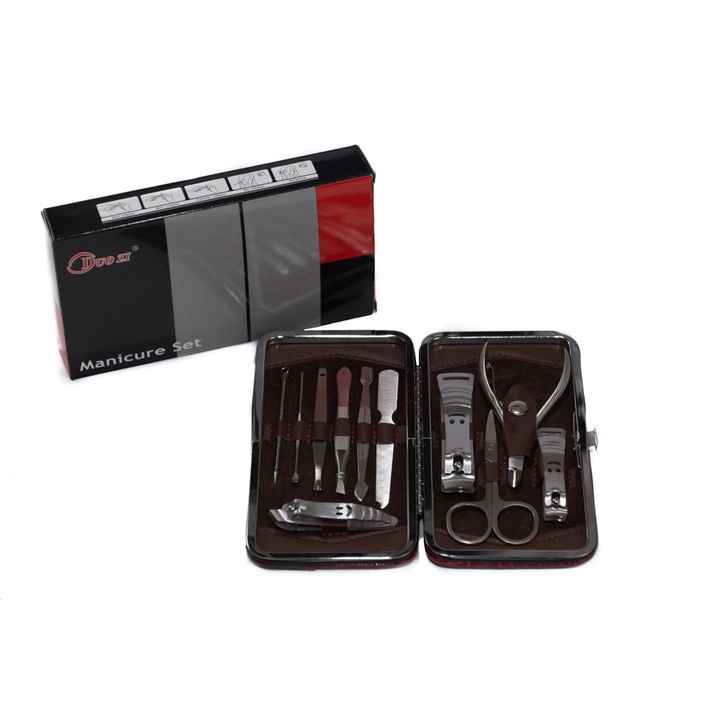 Trusa manichiura-pedichiura, 11 piese, inox, etui maro