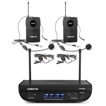 Set 2 microfoane cu casca, 2x microfoane lavaliera UHF cu geanta, Vonyx WM82B Set 2 microfoane cu casca, 2x microfoane lavaliera UHF cu geanta, Vonyx WM82B