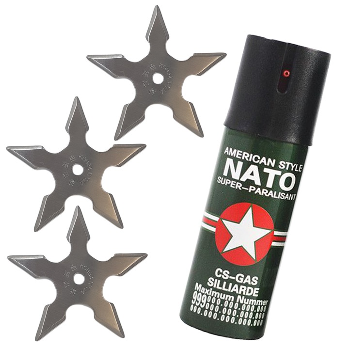 Комплект дразнещ парализиращ спрей за самозащита Nato, 3 броя нинджа звезди с 5 върха