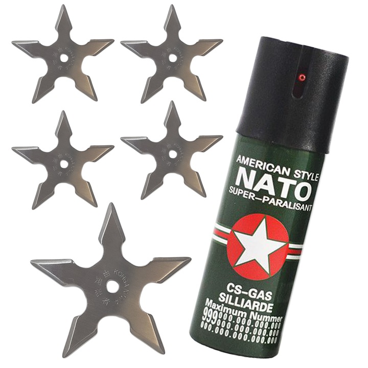 НАТО парализиращ дразнещ спрей комплект за самозащита, 5 бр нинджа звезда 5 ъгъла
