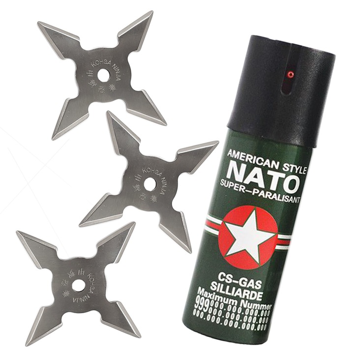 НАТО парализиращ дразнещ спрей комплект за самозащита, 3 бр нинджа звезда 4 ъгъла