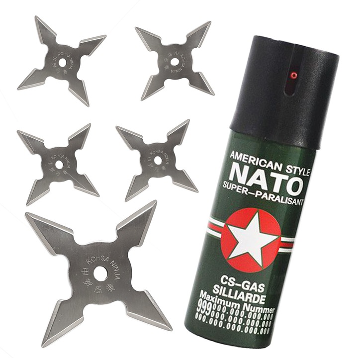 НАТО парализиращ дразнещ спрей комплект за самозащита, 5 бр нинджа звезда 4 ъгъла