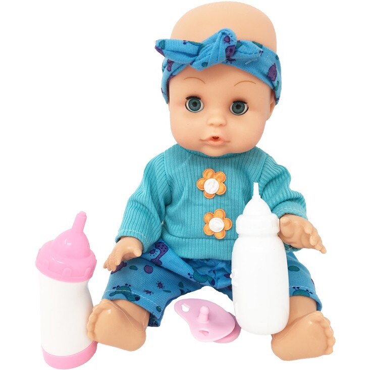 Papusa Bebelus Sweet Baby Doll cu accesorii, sunete, care bea si elimina lichidele, albastru