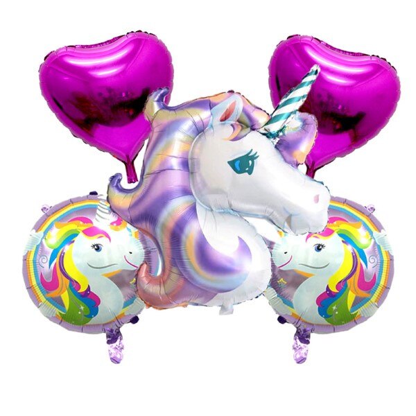 Set De 5 Baloane, Figurina Unicorn, Baloane Unicorn Rotunde, Baloane Inima, Muticolor