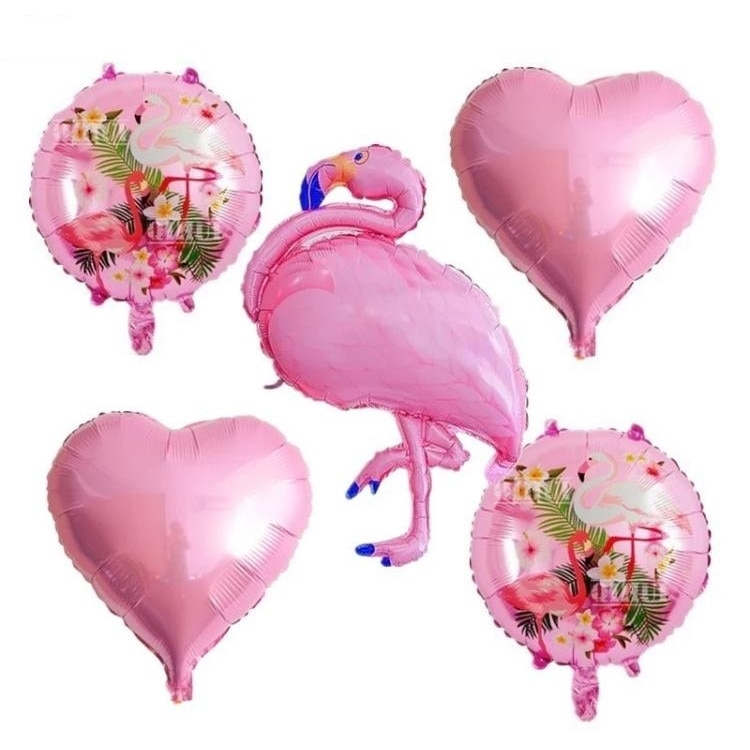 Set De 5 Baloane, Figurina Flamingo, Baloane Flamigo Rotunde, Baloane Inima, Muticolor