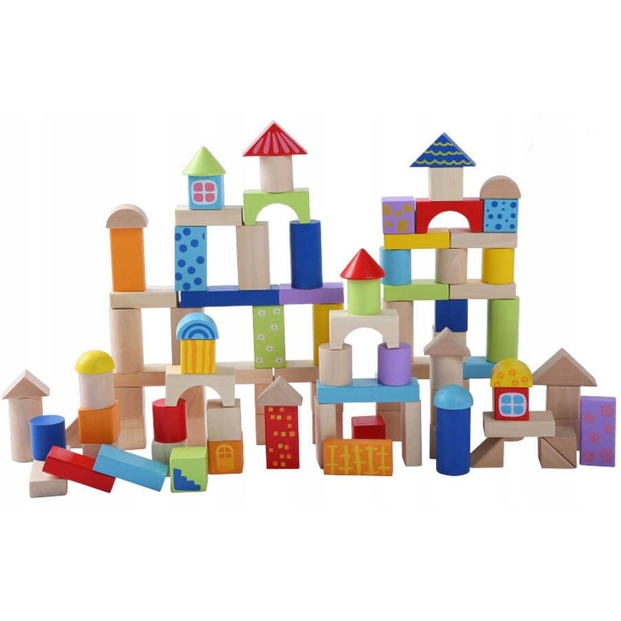 Set 50 Jucarii Forme din Lemn EcoToys, Diverse Forme Geometrice Multicolore