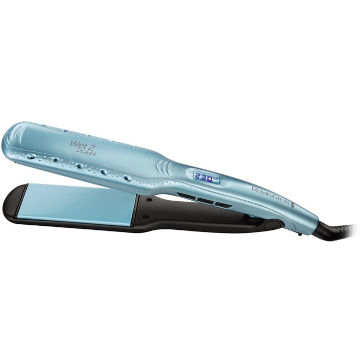 Placa de indreptat parul Remington Wet2Straight S7350, Placi late, Invelis ceramic cu Ulei de Argan si Vitamina E, 140-230ºC, Albastru