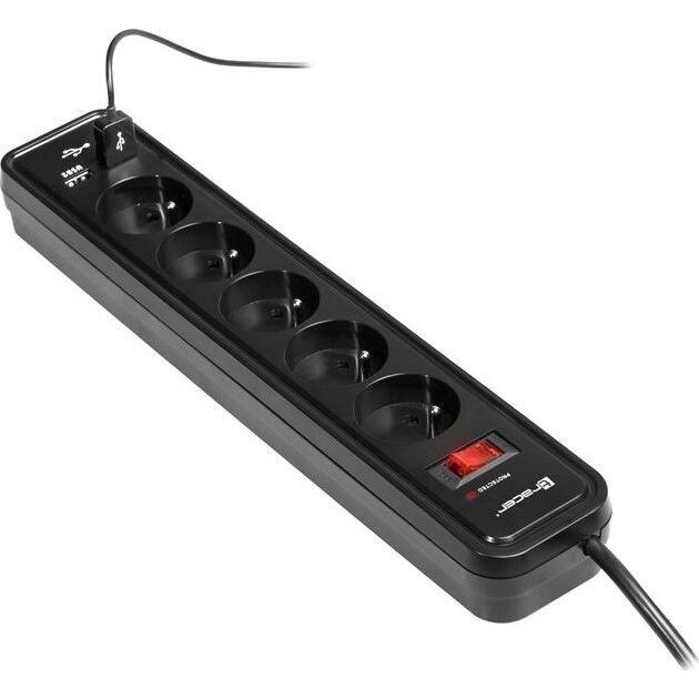Banda de alimentare Tracer Mobile Ready protectie la supratensiune 5 prize 1.5m 2xUSB negru TRALIS45418