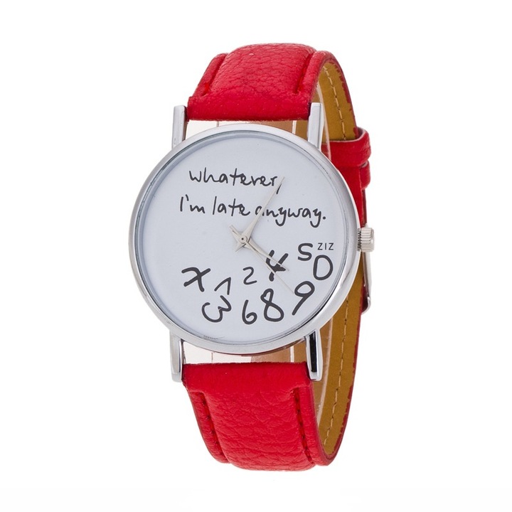 Ceas unisex, whatever i'm late anyway, Quartz, Analogic, Piele ecologica, Cadran rotund, Curea rosie