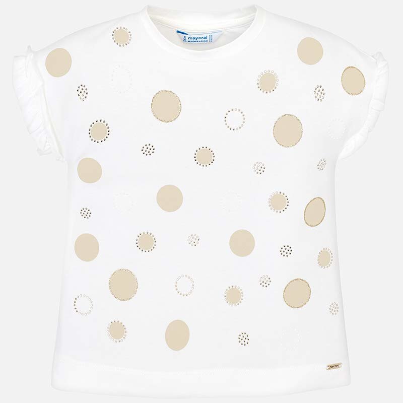 Tricou buline maneca scurta fetita, Mayoral, alb cu imprimeu buline aurii, 8 ani