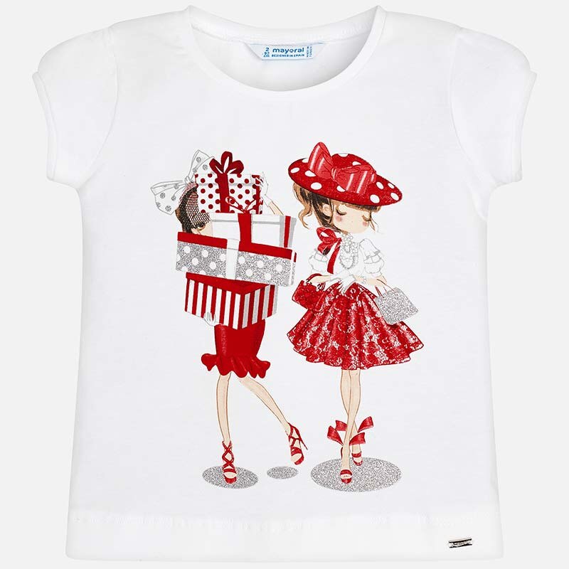 Tricou maneca scurta papusi fetita, mayoral, alb imprimeu rosu