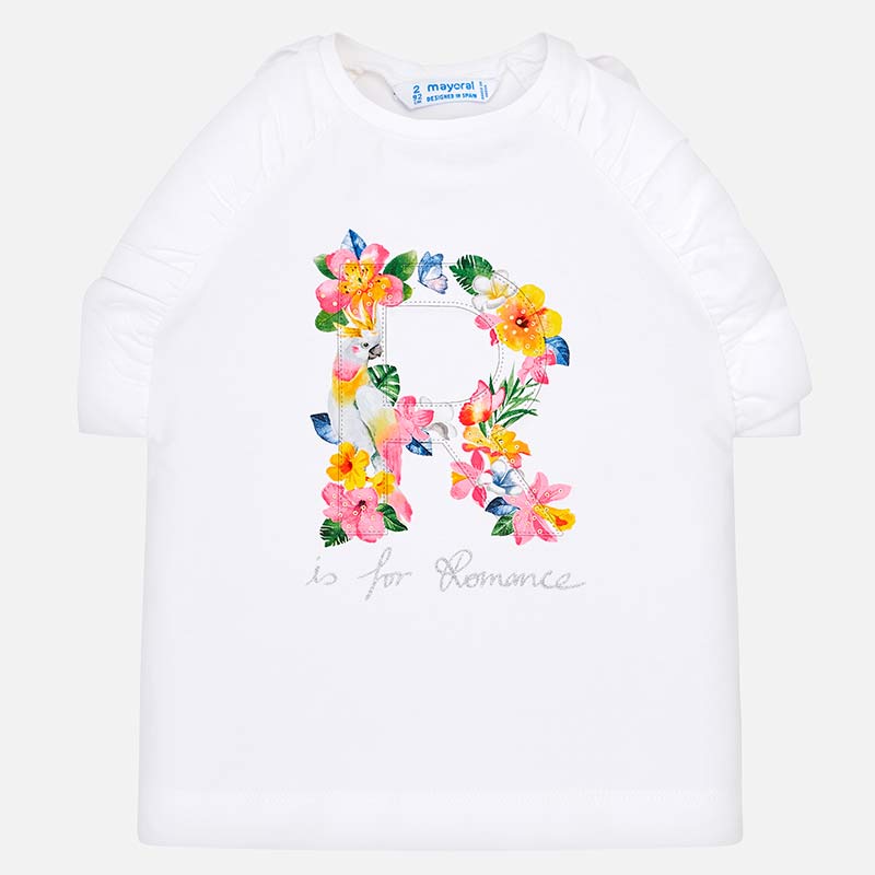 Tricou bretele R flori fetita, mayoral, alb cu volane
