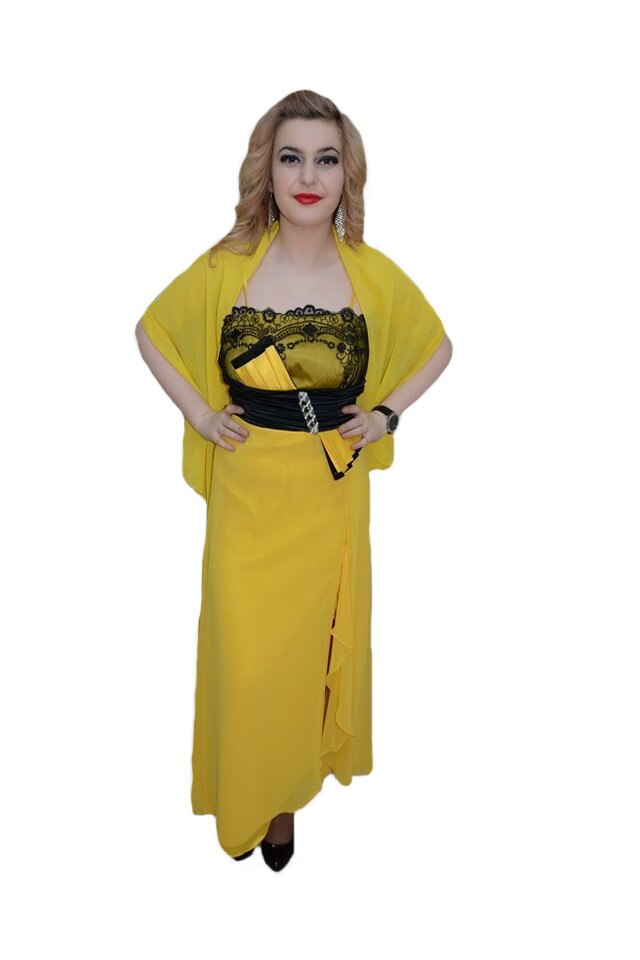 Rochie lunga, Eleganta, Din saten si voal cu dantela neagra, D&J Exclusive, Galben