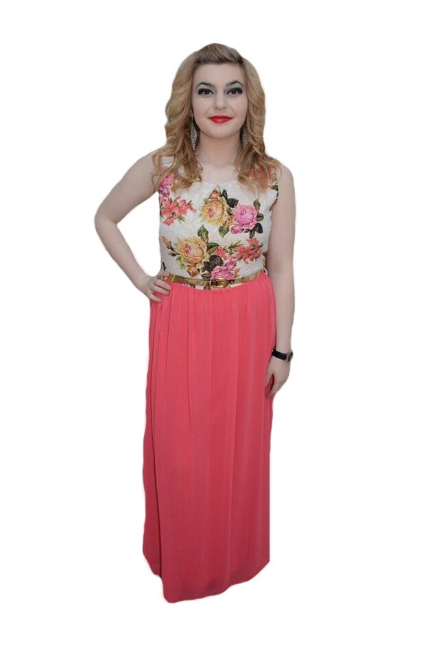 Rochie de gala cu imprimeu floral clasic, D&J Exclusive, Corai