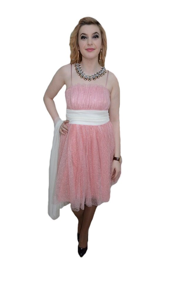 Rochie evazata, Esarfa moderna, Alba atasata, D&J Exclusive, pudra
