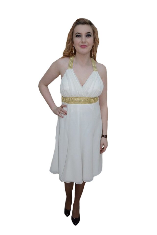 Rochie de seara, detalii aurii aplicate in talie, D&J Exclusive, Alb