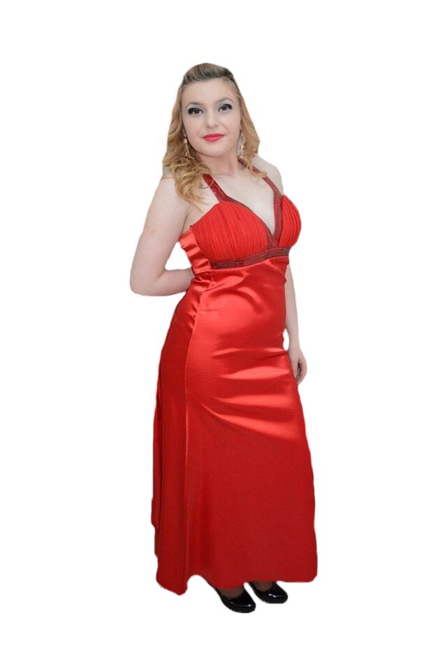 Rochie lunga cu croiala evazata si decor de paiete, D&J Exclusive, Rosu