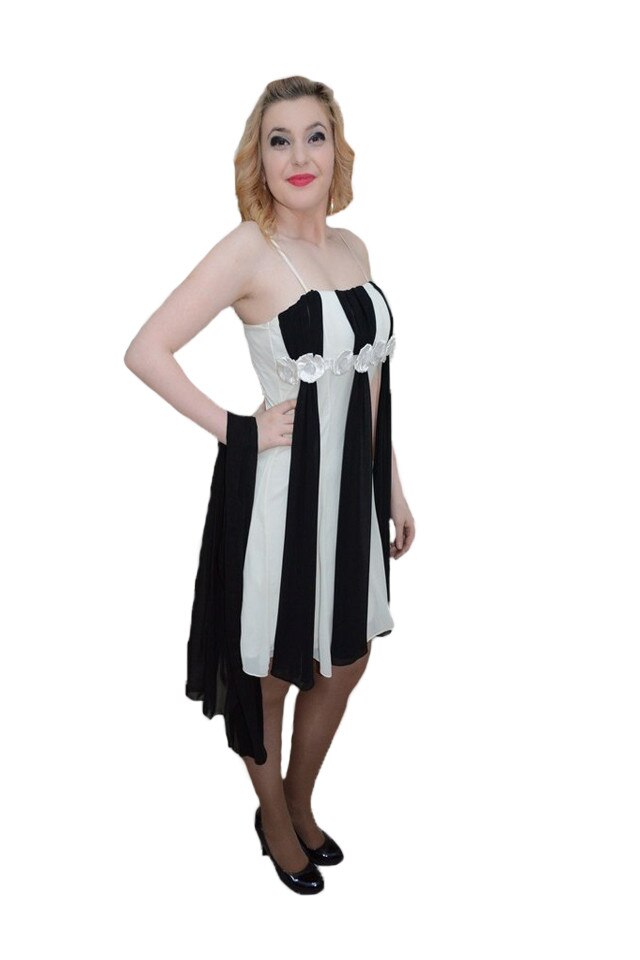 Rochie de ocazie cu insertii de material negru, D&J Exclusive, Negru-Alb, 36