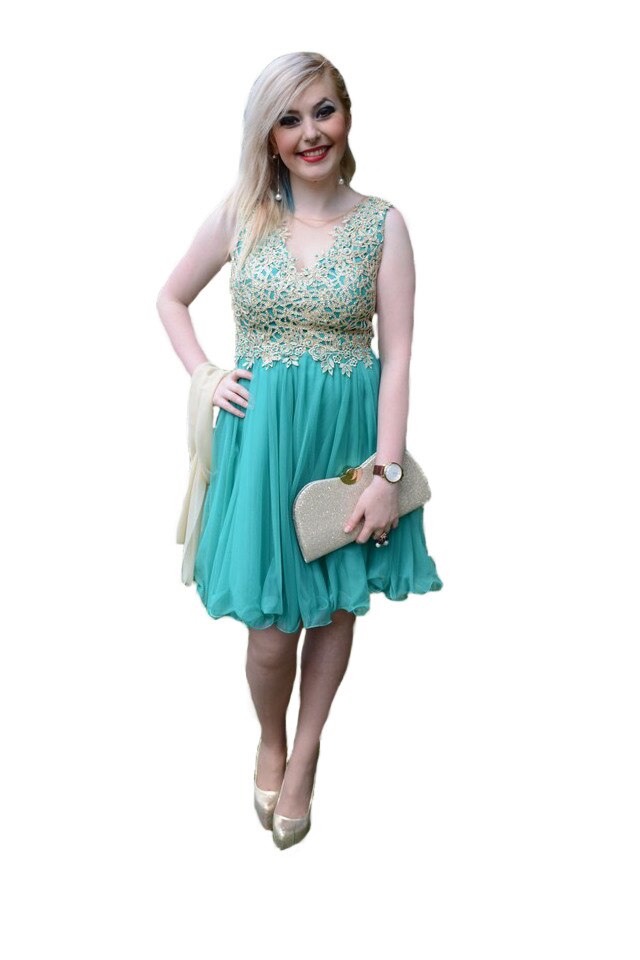 Rochie de gala cu dantela aurie, D&J Exclusive, Turcoaz