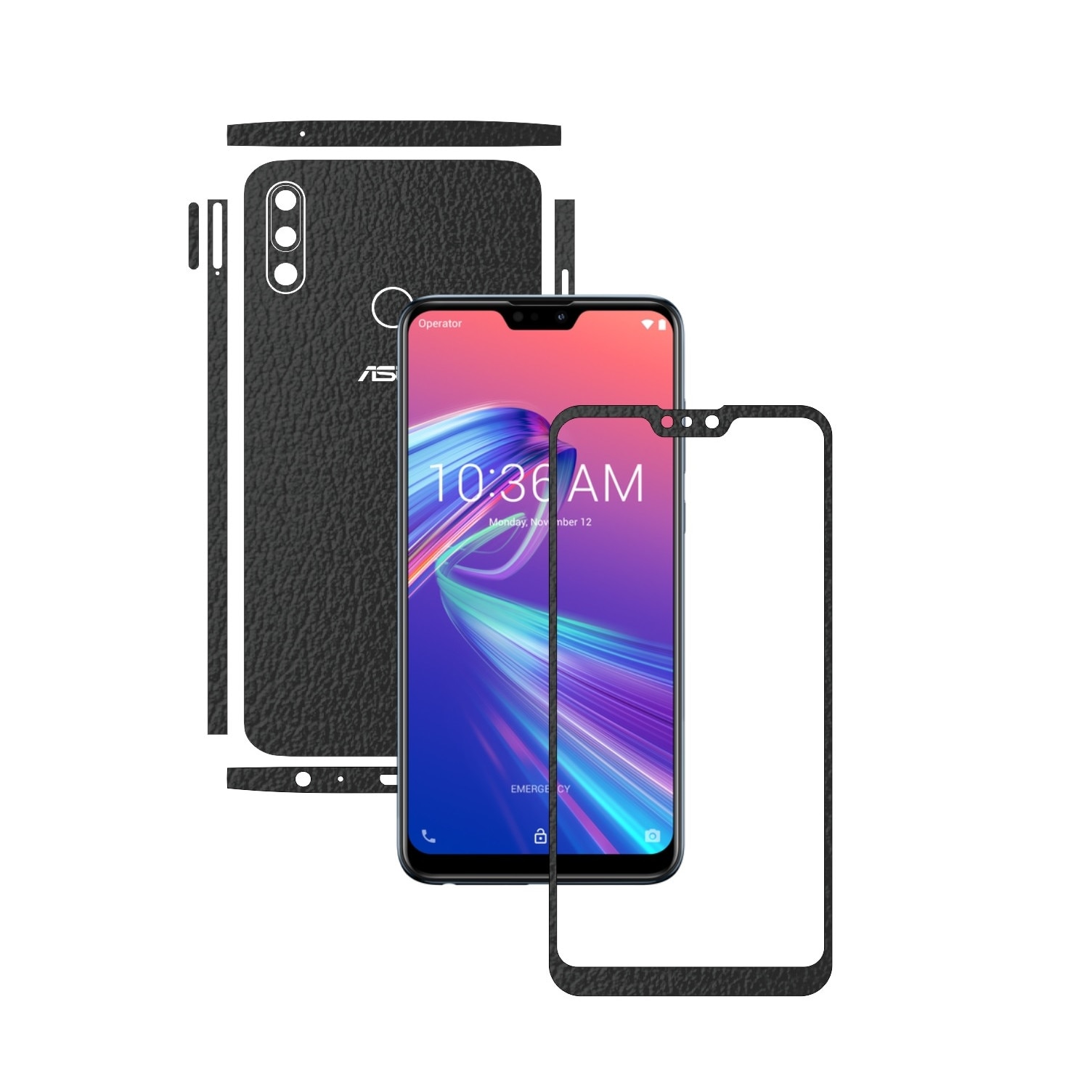 Folie Protectie Carbon Skinz pentru Asus Zenfone Max Pro (M2) - Piele Neagra Split Cut, Skin Adeziv Full Body Cover pentru Rama Ecran, Carcasa Spate si Laterale