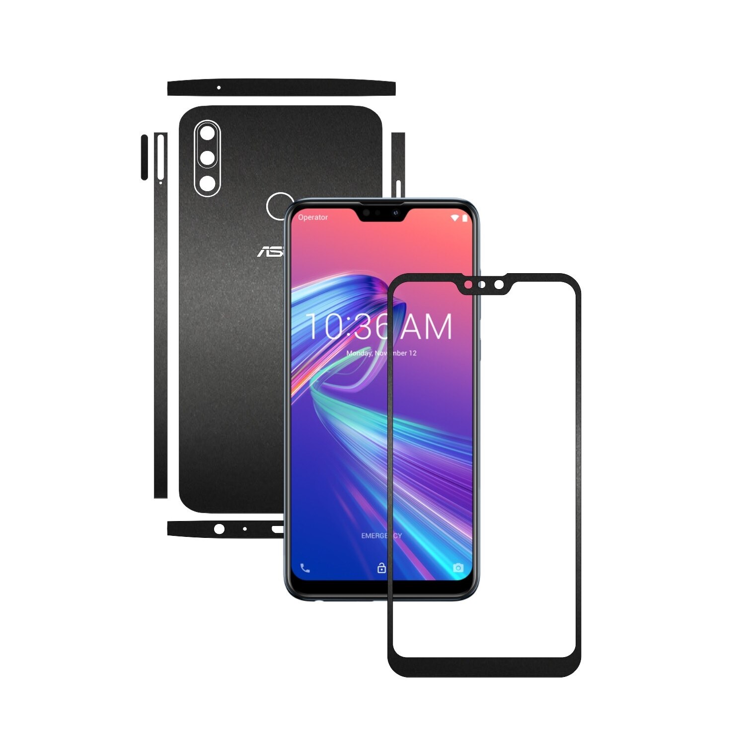 Folie Protectie Carbon Skinz pentru Asus Zenfone Max Pro (M2) - Negru Mat Split Cut, Skin Adeziv Full Body Cover pentru Rama Ecran, Carcasa Spate si Laterale