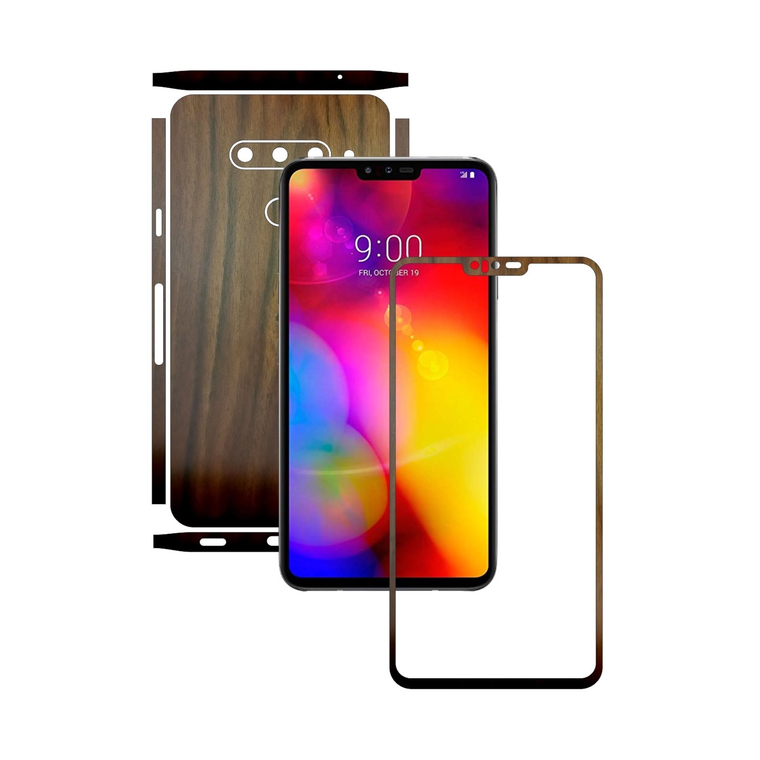 Folie Protectie Carbon Skinz pentru LG V40 ThinQ - Lemn Nuc Split Cut, Skin Adeziv Full Body Cover pentru Rama Ecran, Carcasa Spate si Laterale