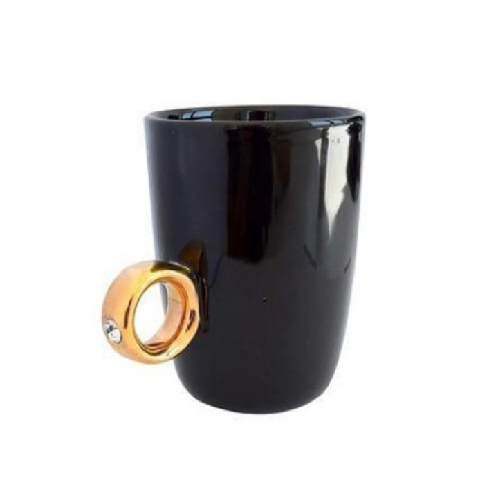 Cana Ceramica, Sticla, 270 ml, Nu Se Spala In Masina De Spalat Vase, Nu Este Potrivita Pentru Cuptorul Cu Microunde, Design Robust, De Inalta Calitate, Idee De Cadou Ideala, 11.8 cm x 8 cm x 10 cm, Negru / Aur