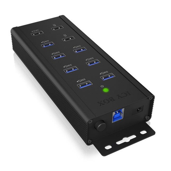 Хъб Raidsonic, IcyBox, 7 броя USB 3.0 , 3 порта за зареждане, Черен