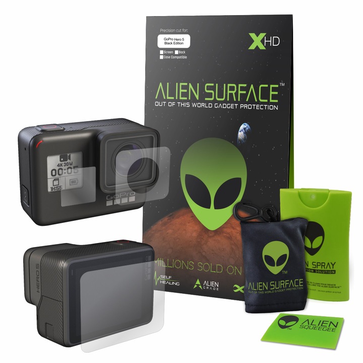 Alien Surface XHD, GoPro Hero 5 Black Edition, kijelzővédő fólia 1+1 ajándék + Alien Fiber törlőkendő