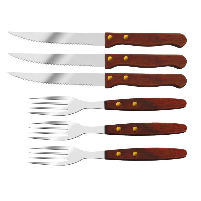 Set 3 furculite si 3 cutite Eleko, Inox/Lemn, Rosu