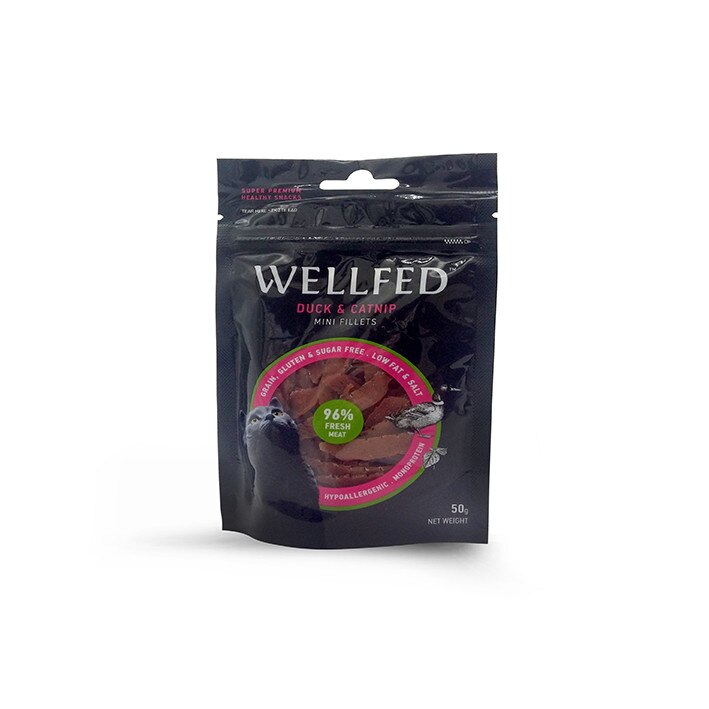 Recompense pentru pisici WellFed, monoproteice, hipoalergenice, cu file de rata si iarba pisicii 50g