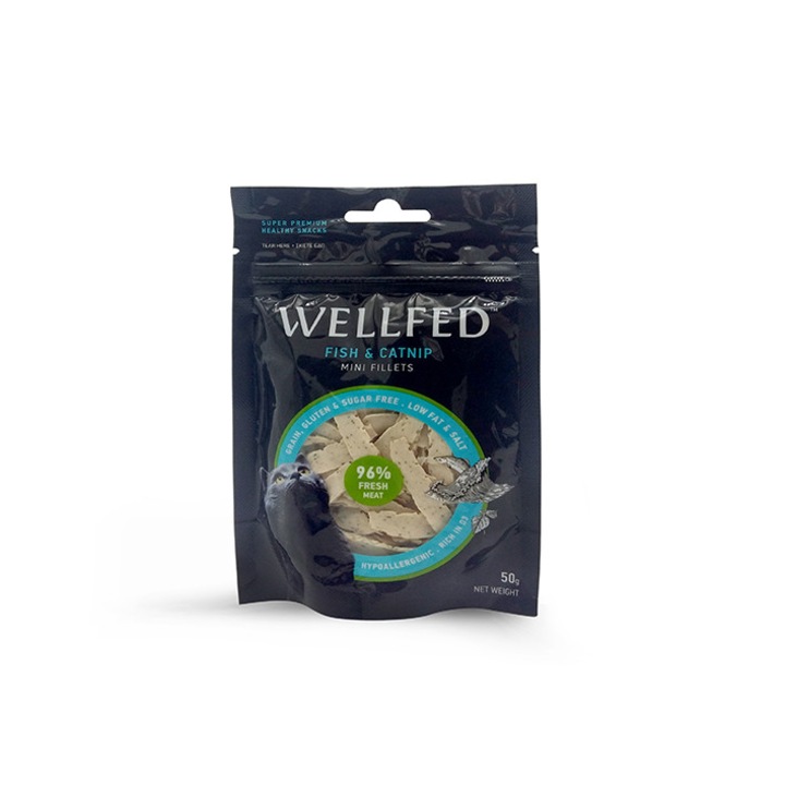 Лакомства за котки WellFed, хипоалергенни, с риба и котешка трева 50гр