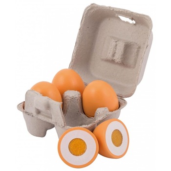 Setul de bucatarie pentru copii, Jouéco, Ouale de lemn cu velcro, 4 oua intr-o cutie de carton Setul de bucatarie pentru copii, Jouéco, Ouale de lemn cu velcro, 4 oua intr-o cutie de carton