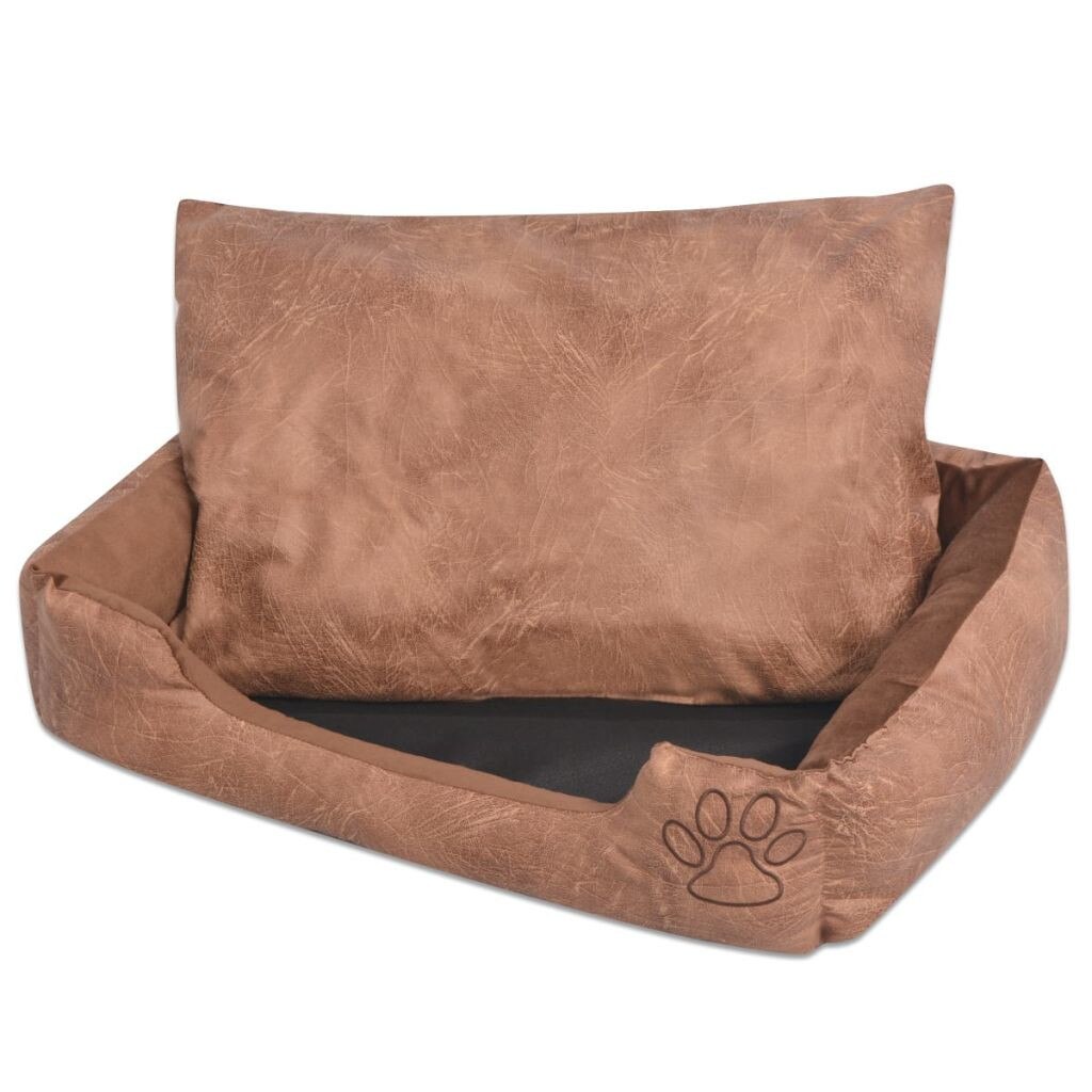Culcus pentru caini, cu perna, vidaXL, Piele artificiala, M, Maro deschis, 65 x 48 x 18 cm