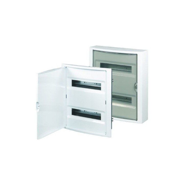 Tablou sigurante 28 module, pe tencuiala (PT), 2 randuri de module, usa transparenta fumurie, plastic rezistent la foc