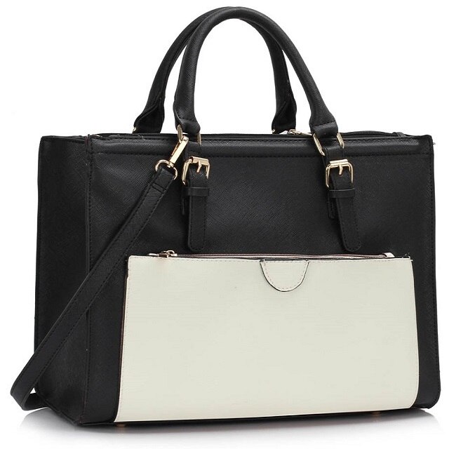 Geanta de umar, Anna Grace, Negru/Alb, 100 % Piele Ecologica, Casual / Elegant