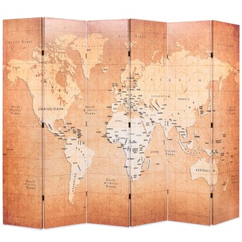 Paravan de camera, pliabil, imprimeu harta lumii, vidaXL, 228 x 180 cm, Maro Paravan de camera, pliabil, imprimeu harta lumii, vidaXL, 228 x 180 cm, Maro