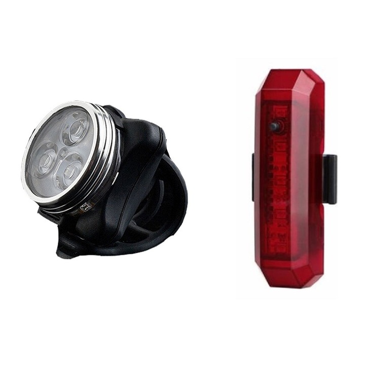 Far 3 led, stop 5 led (model 2019), reincarcabile USB, kit set lumini bicicleta, negru