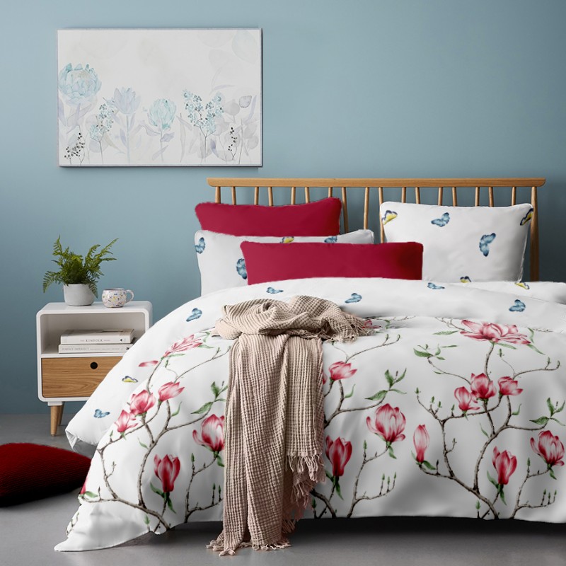 Lenjerie de pat Dormisete bumbac 100%, Magnolia Tree Red pentru pat 2 persoane XXL, 4piese, 200x220 / 50x70, cearceaf pat rosu deschis Lollipop