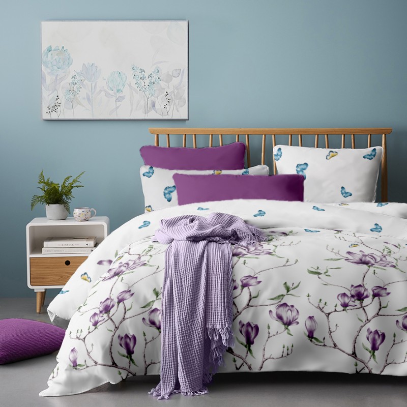 Lenjerie de pat Dormisete bumbac 100%, Magnolia Tree Lila, pentru pat 2 persoane XXL, 4 piese, 200x220 / 50x70, cearceaf pat uni mov