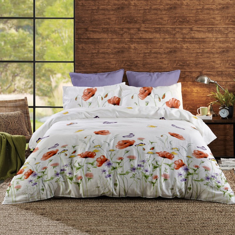 Lenjerie de pat Dormisete bumbac 100%, Summer Shades Pumpkin, Cearceaf uni Lila, pentru pat 2 persoane XXL, 4 piese, 200x220 / 50x70, bumbac ranforce