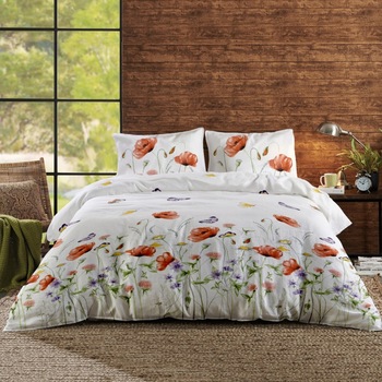 Lenjerie de pat Dormisete bumbac 100%, Summer Shades Pumpkin, Cearceaf uni Lila, pentru pat 2 persoane, 4 piese, 180x215 / 50x70, bumbac ranforce Lenjerie de pat Dormisete bumbac 100%, Summer Shades Pumpkin, Cearceaf uni Lila, pentru pat 2 persoane, 4 piese, 180x215 / 50x70, bumbac ranforce