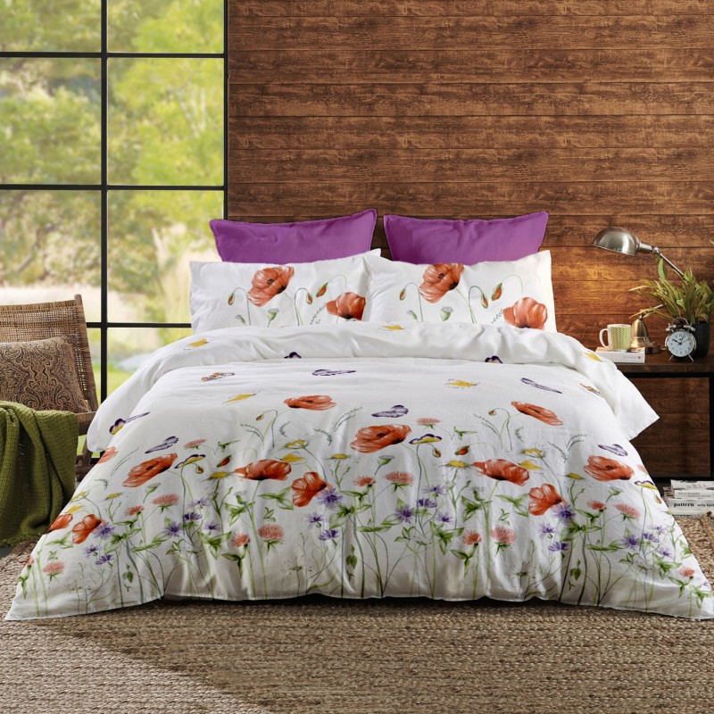Lenjerie de pat Dormisete bumbac 100%, Summer Shades Pumpkin, Cearceaf uni Mov Deschis pentru pat 2 persoane XXL, 4 piese, 200x220 / 50x70, bumbac ranforce