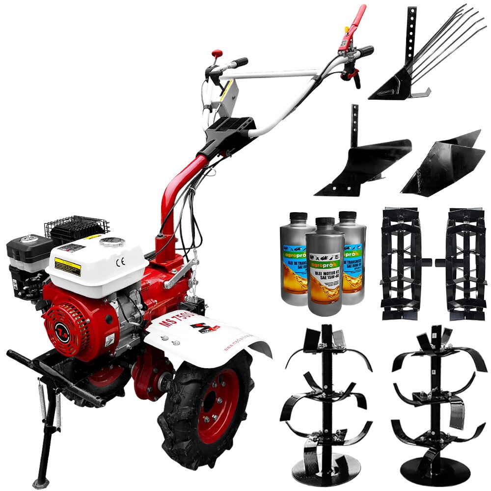 Set motocultor Media Line MS 7500 CF, motor 7CP, model 2019, freza segmentabila 60-90cm, roti cauciuc, rarita fixa, roti metal, plug cartofi, plug arat + Cadou 1l ulei motor + 2l ulei transmisie AgroPro