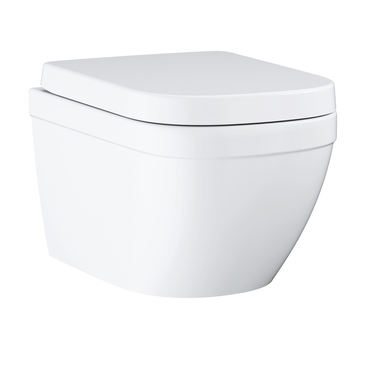 Set WC Grohe Euro Ceramic, montare pe perete, triple vortex, rimless, capac wc cu Soft Close, include set fixare, duroplast, Alb